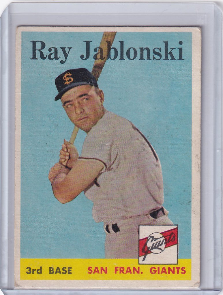 Vintage 1958 Topps Baseball card of Ray Jablonski in batting stance for San Francisco Giants