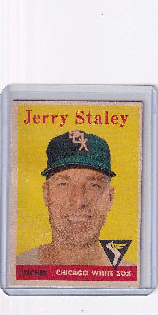 Baseball card of Jerry Staley smiling in a green cap for Chicago White Sox Topps Baseball