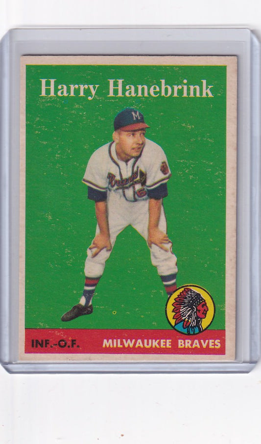 Vintage Topps Baseball card of Harry Hanebrink in pitching stance for Milwaukee Braves