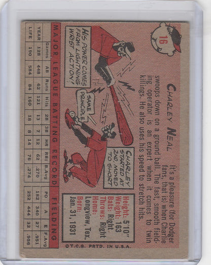 Vintage Topps Baseball card of Charlie Neal from the Los Angeles Dodgers featuring a cartoon batter