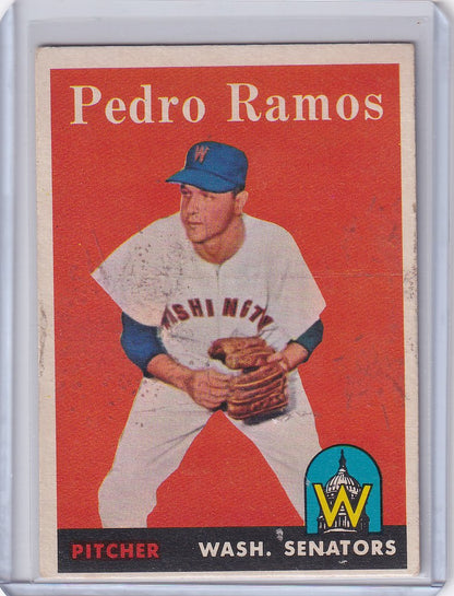 Vintage Topps Baseball card of Pedro Ramos from the Washington Senators in white uniform