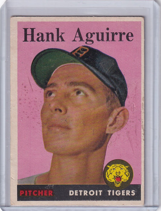 Vintage 1958 Topps Baseball card of Hank Aguirre with Detroit Tigers and pink background