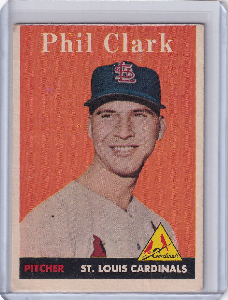 Smiling Phil Clark on a 1958 Topps Baseball card for St. Louis Cardinals RC