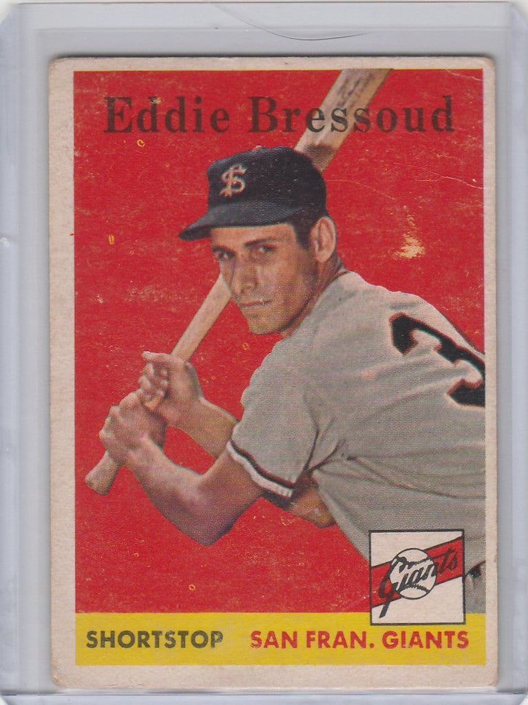 Vintage 1958 Topps Baseball card of Eddie Bressoud, San Francisco Giants shortstop