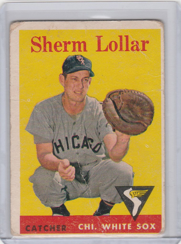 Vintage Topps Baseball card of Sherm Lollar, Chicago White Sox catcher in crouched pose