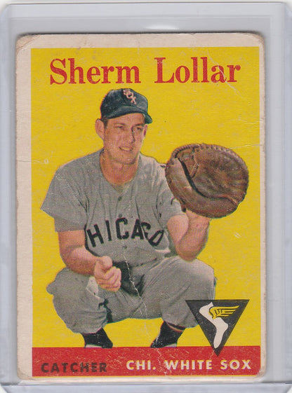 Vintage Topps Baseball card of Sherm Lollar, Chicago White Sox catcher in crouched pose