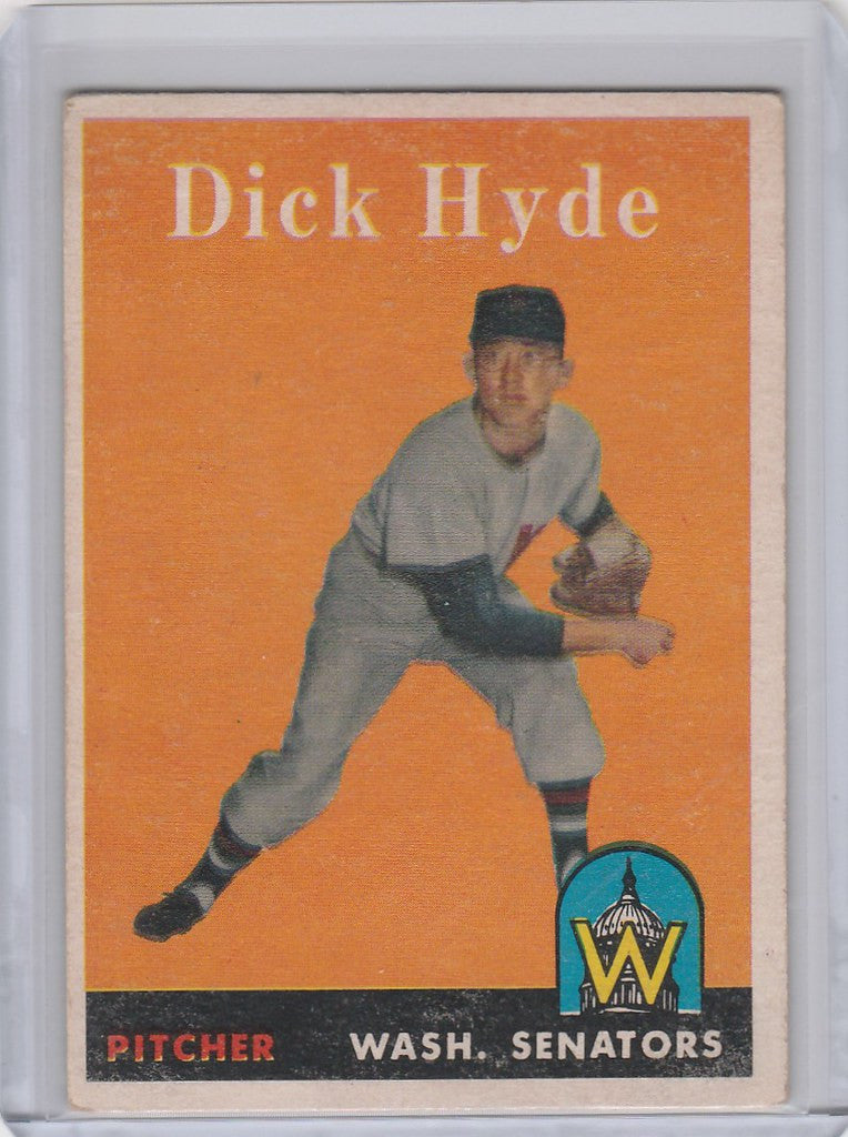 Baseball card of Dick Hyde in throwing stance for Washington Senators Topps Baseball