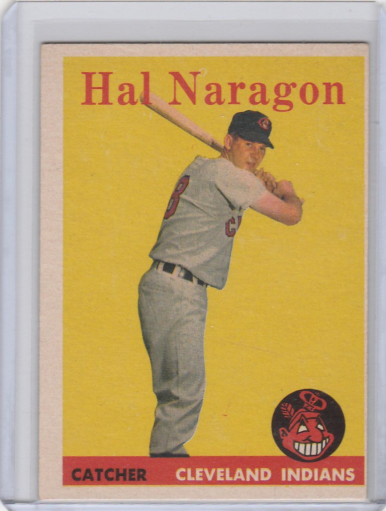 Baseball card of Hal Naragon, Cleveland Indians catcher in batting stance, Topps Baseball