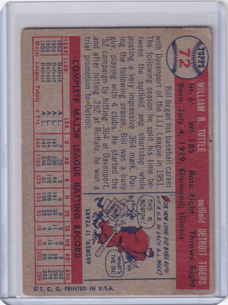 Vintage 1957 Topps Baseball #72 Bill Tuttle Detroit Tigers card with player stats and cartoon