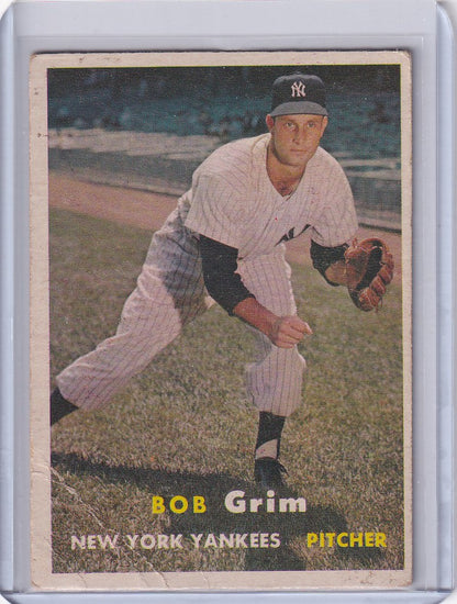 Vintage Topps Baseball card of Bob Grim in a New York Yankees pitching stance