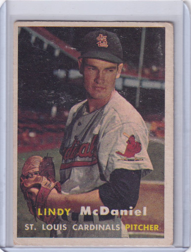 Baseball card featuring Lindy McDaniel St Louis Cardinals from Topps Baseball 1957