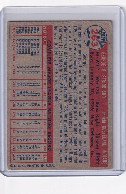 Vintage 1957 Topps Baseball card of George Strickland Cleveland Indians player statistics