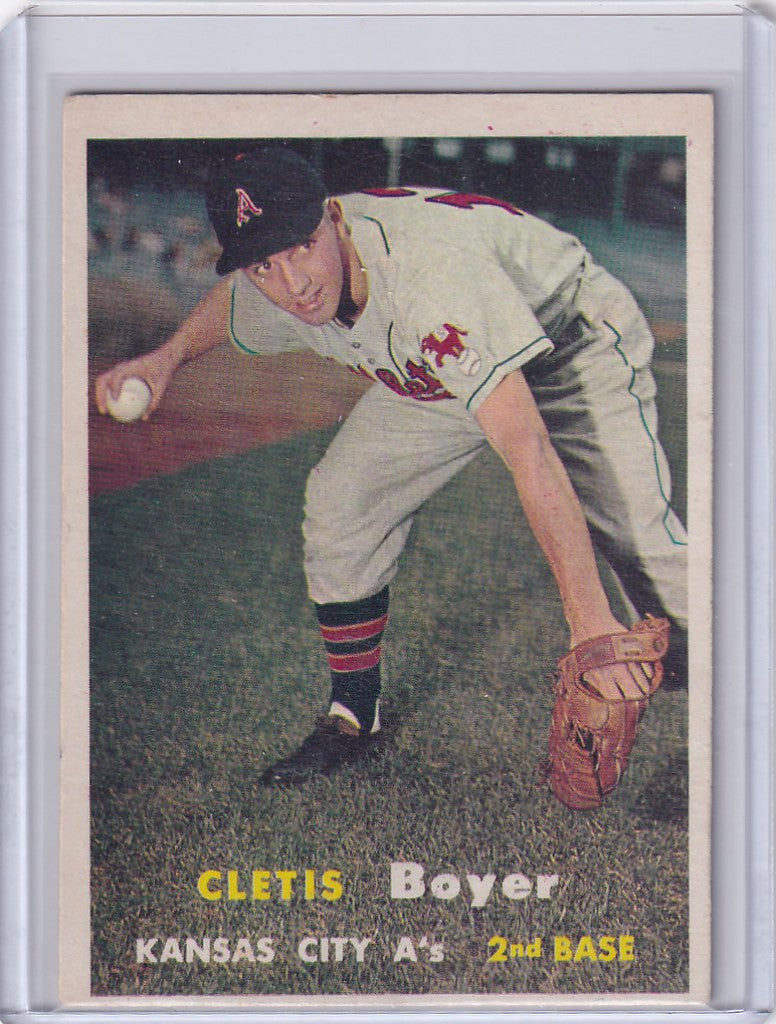 Baseball card of Cletis Boyer in fielding pose for Kansas City Athletics 1957 Topps