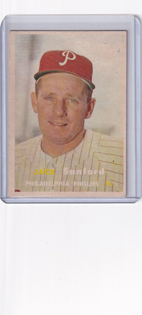 Baseball card of Jack Sanford Philadelphia Phillies in red cap and white uniform