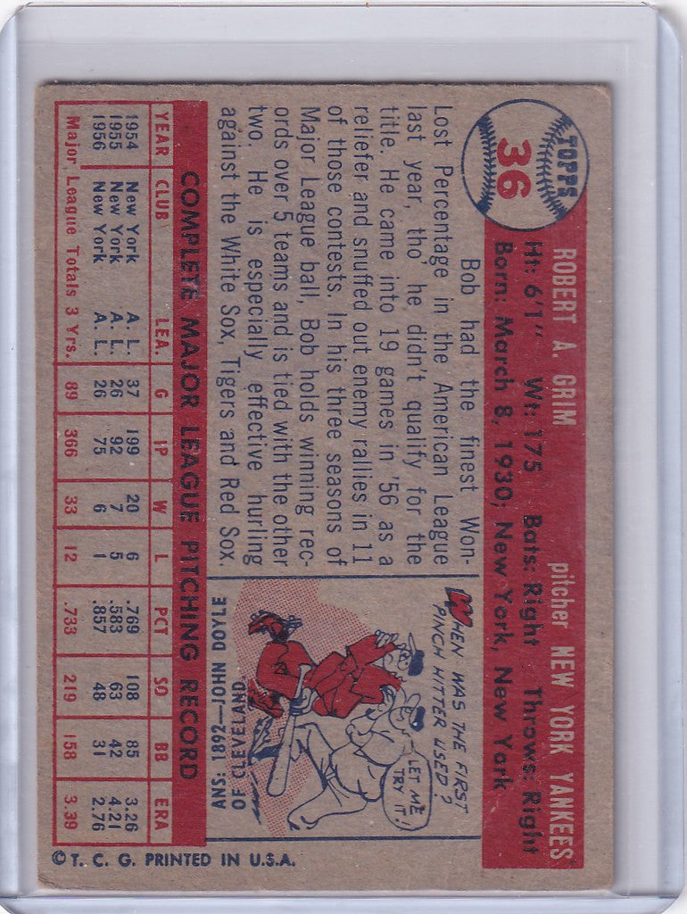 Vintage Topps Baseball card featuring Bob Grim with Yankees stats and illustration