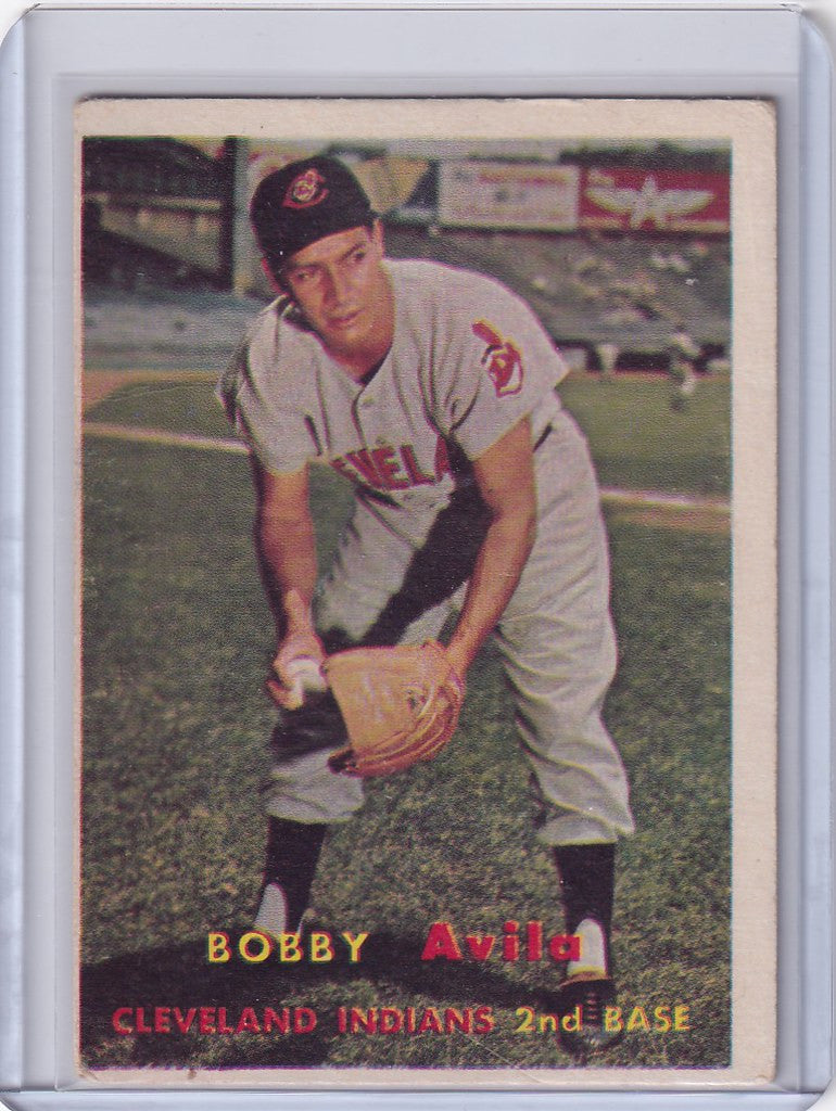 Vintage Topps Baseball card of Bobby Avila Cleveland Indians in a fielding pose