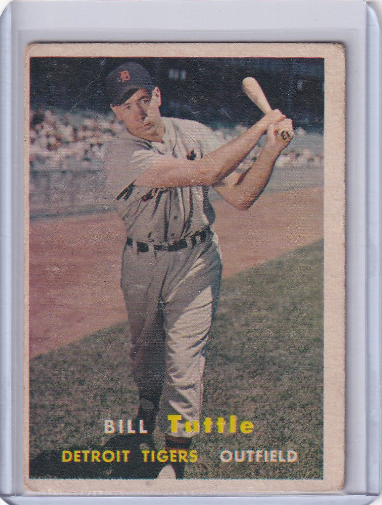 Baseball card of Bill Tuttle Detroit Tigers in batting stance from 1957 Topps Baseball