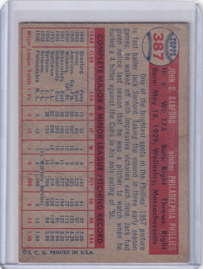 Vintage Topps Baseball Card featuring Jack Sanford Philadelphia Phillies on red background