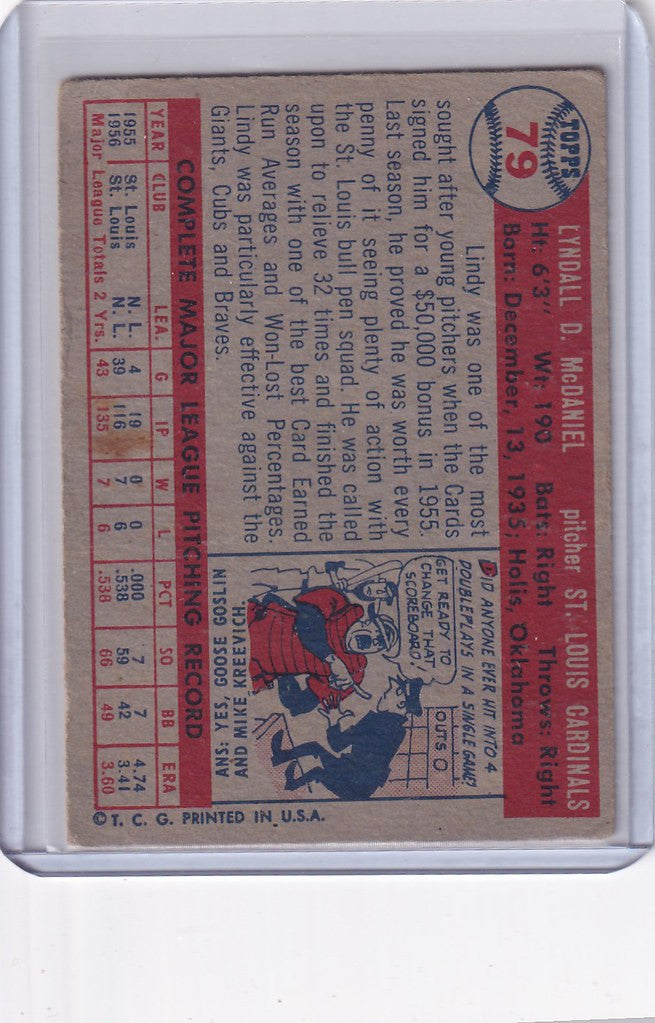 Vintage 1957 Topps Baseball card of Lindy McDaniel St Louis Cardinals with stats and illustration