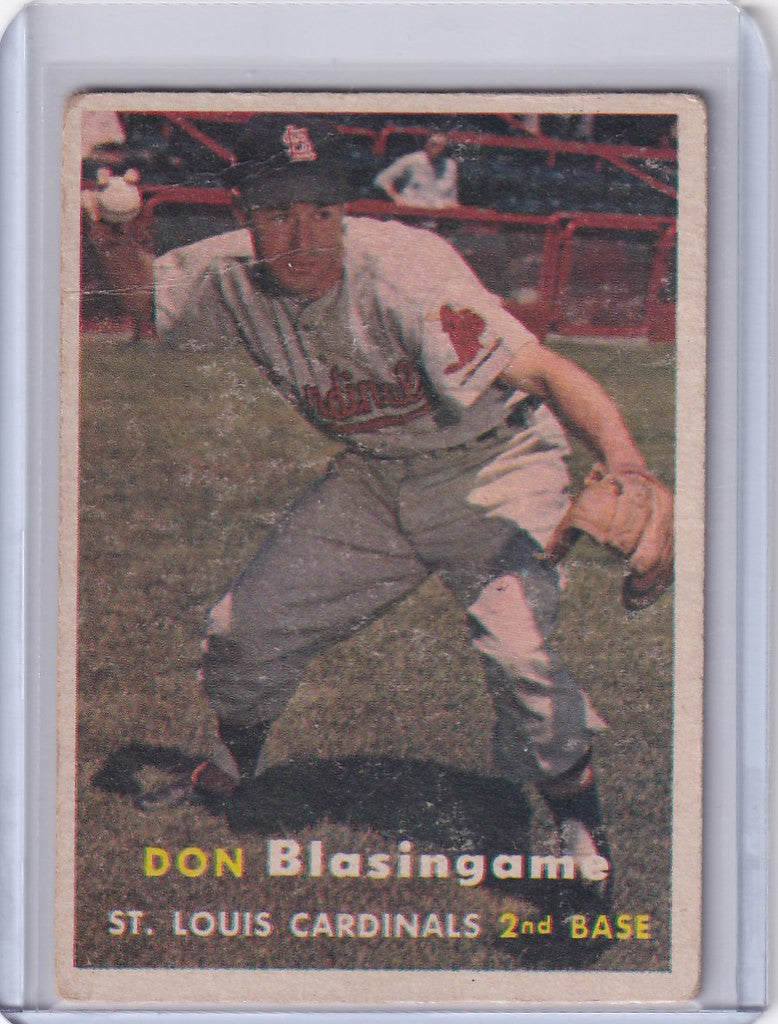 Vintage Topps Baseball card of Don Blasingame in fielding stance for St. Louis Cardinals