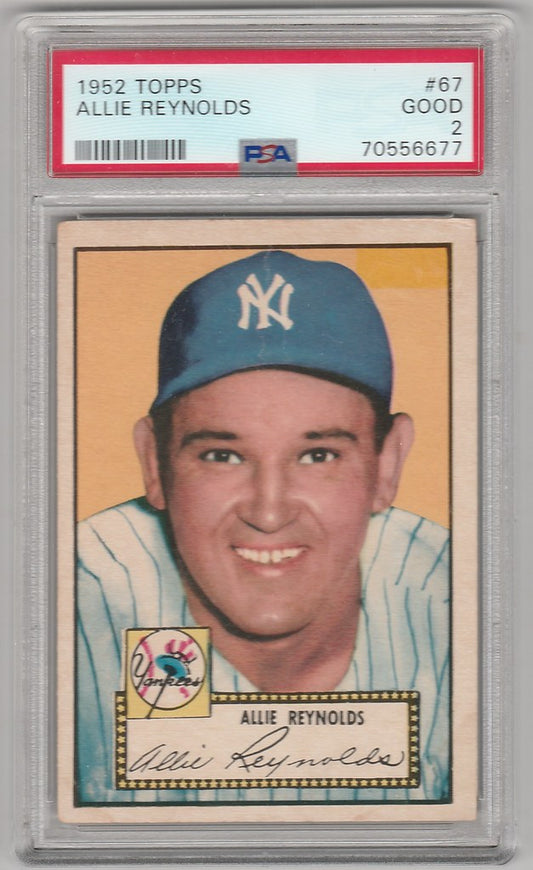 Vintage 1952 Topps Allie Reynolds New York Yankees card in protective case with PSA 2 label