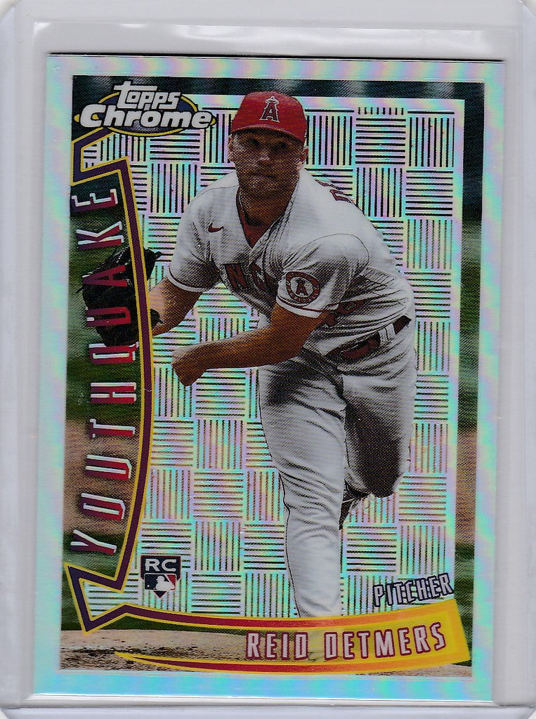 Baseball card of Reid Detmers in throwing stance for Los Angeles Angels Topps Chrome Youthquake