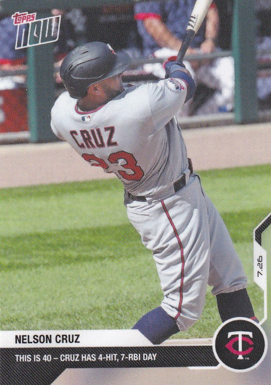 Baseball player Nelson Cruz in Minnesota Twins uniform swinging a bat