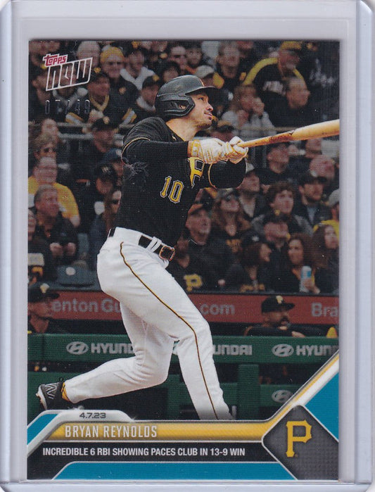 Baseball trading card of Bryan Reynolds swinging bat for Pittsburgh Pirates 2023 Topps Now