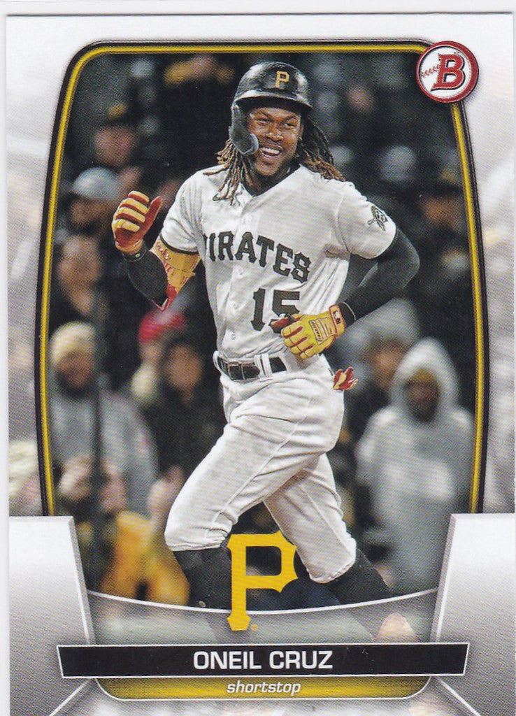 Oneil Cruz Pittsburgh Pirates player card with smiling action shot in white uniform