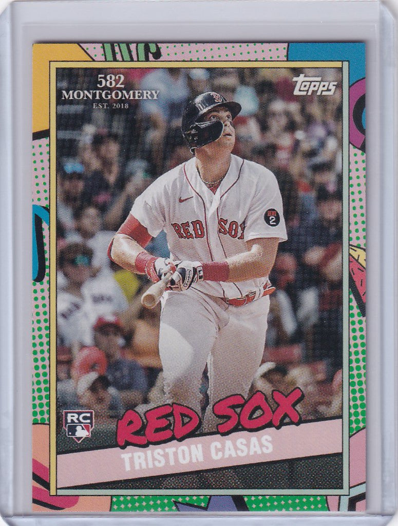 Baseball card of Triston Casas Boston Red Sox player in white uniform at bat