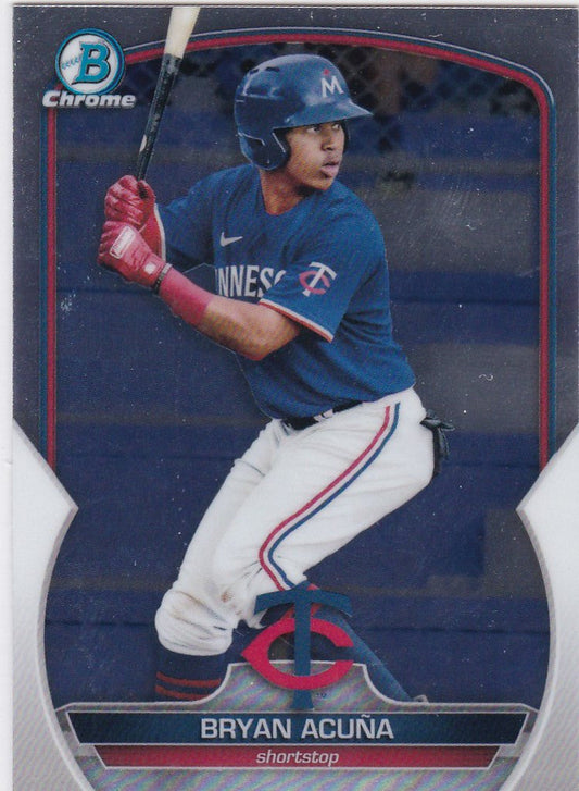 Baseball card of Bryan Acuna Minnesota Twins in batting stance, Bowman Chrome Prospect