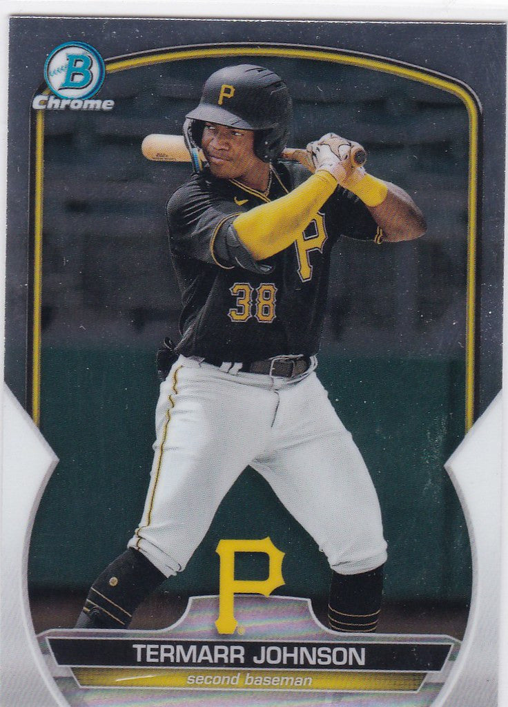 Baseball card of Termarr Johnson Pittsburgh Pirates in batting stance, number 38