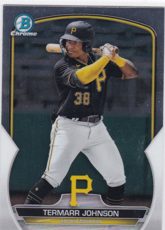 Baseball card of Termarr Johnson Pittsburgh Pirates in batting stance, number 38