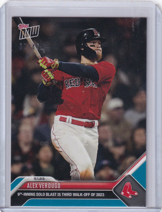 Baseball card of Alex Verdugo swinging bat for Boston Red Sox, 2023 Topps Now Parallel