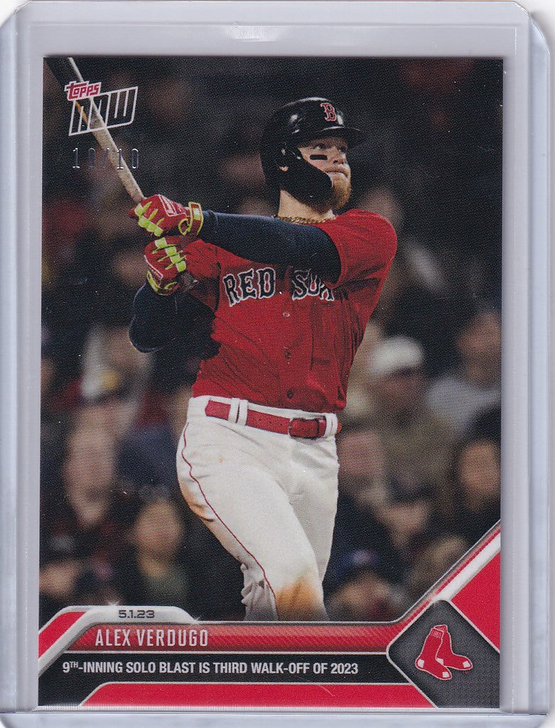 Baseball card of Alex Verdugo swinging for the Boston Red Sox 2023 TOPPS NOW PARALLEL