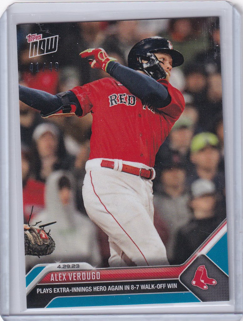 Baseball card of Alex Verdugo swinging bat for Boston Red Sox 2023 Topps Now Parallel