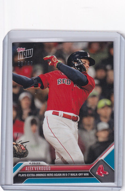 Baseball card of Alex Verdugo Boston Red Sox mid-swing in 2023 Topps Now Parallel