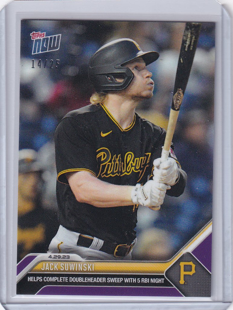 Baseball trading card of Jack Suwinski Pittsburgh Pirates at bat, 2023 Topps Now Parallel