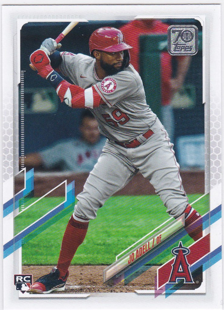 Baseball player in Los Angeles Angels uniform batting, 2021 Topps Adell RC Los collectible