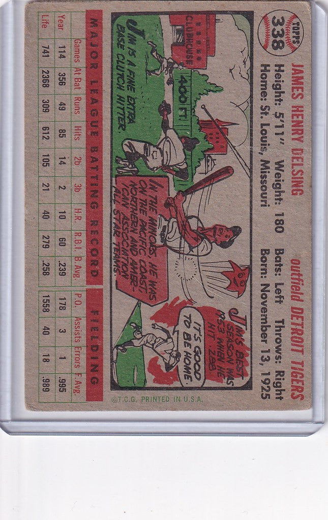 Vintage baseball card of Jim Delsing Detroit Tigers with cartoon illustrations and stats