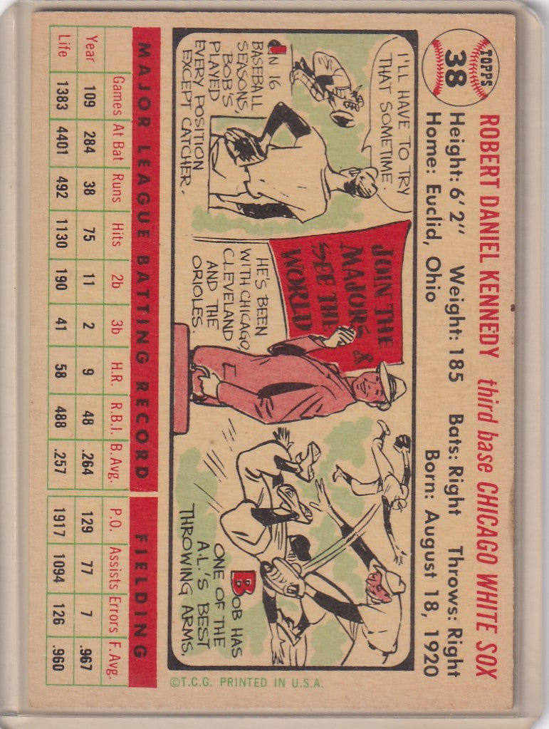 Vintage 1956 Topps #38 Bob Kennedy Chicago White Sox card with player stats and illustrations