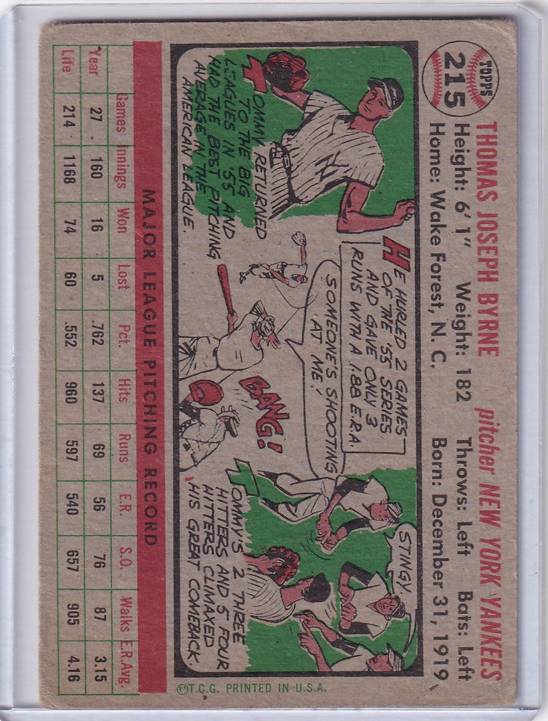 Vintage 1956 Topps #215 Tommy Byrne New York Yankees trading card with cartoon illustrations