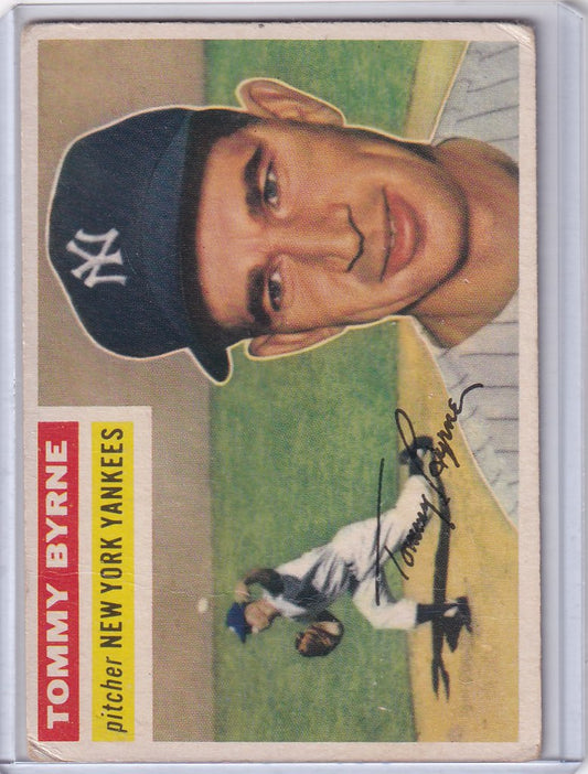 Baseball card of Tommy Byrne smiling in a New York Yankees cap, trading cards collectible