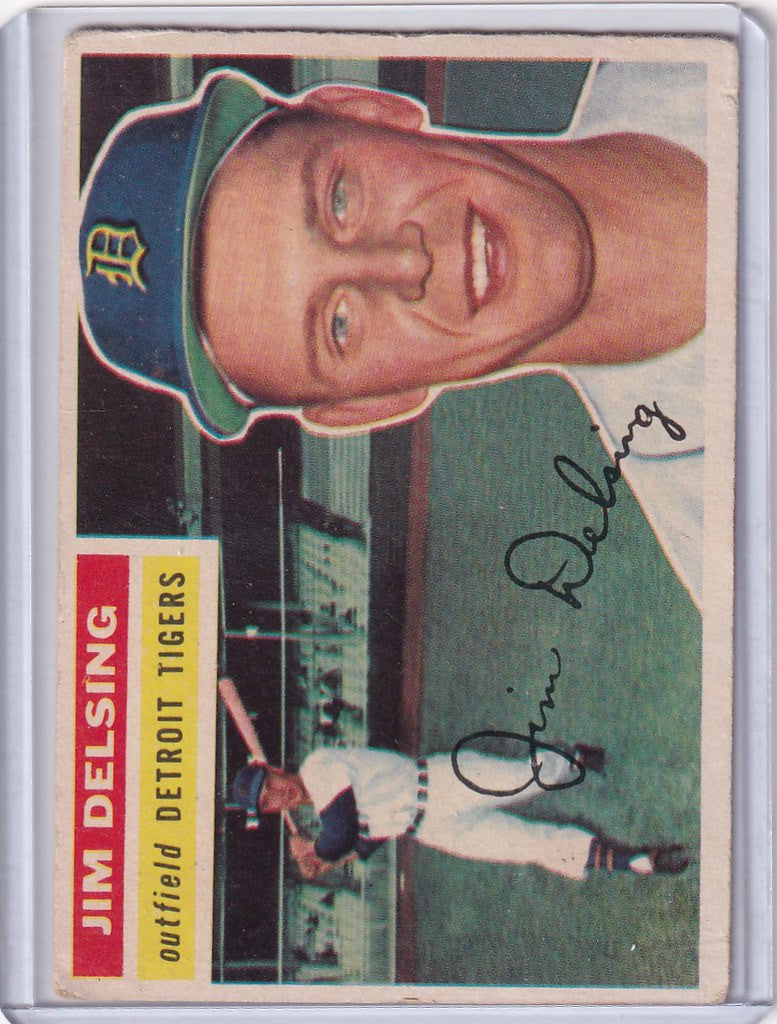 Baseball card of Jim Delsing smiling in a Detroit Tigers cap, 1956 Topps #338