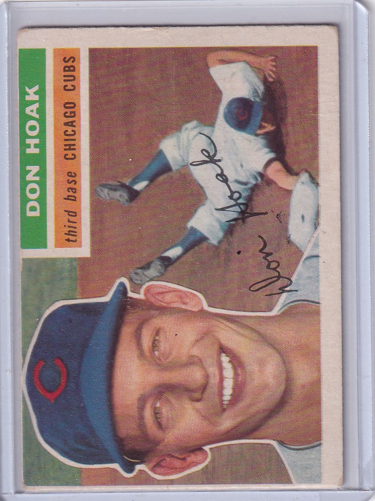 Vintage baseball card of Don Hoak Chicago Cubs player smiling in cap with action shot