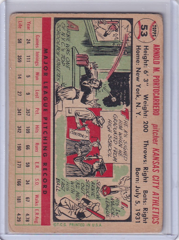 Vintage 1956 Topps #53 Arnold Portocarrero Kansas City Athletics baseball card illustration