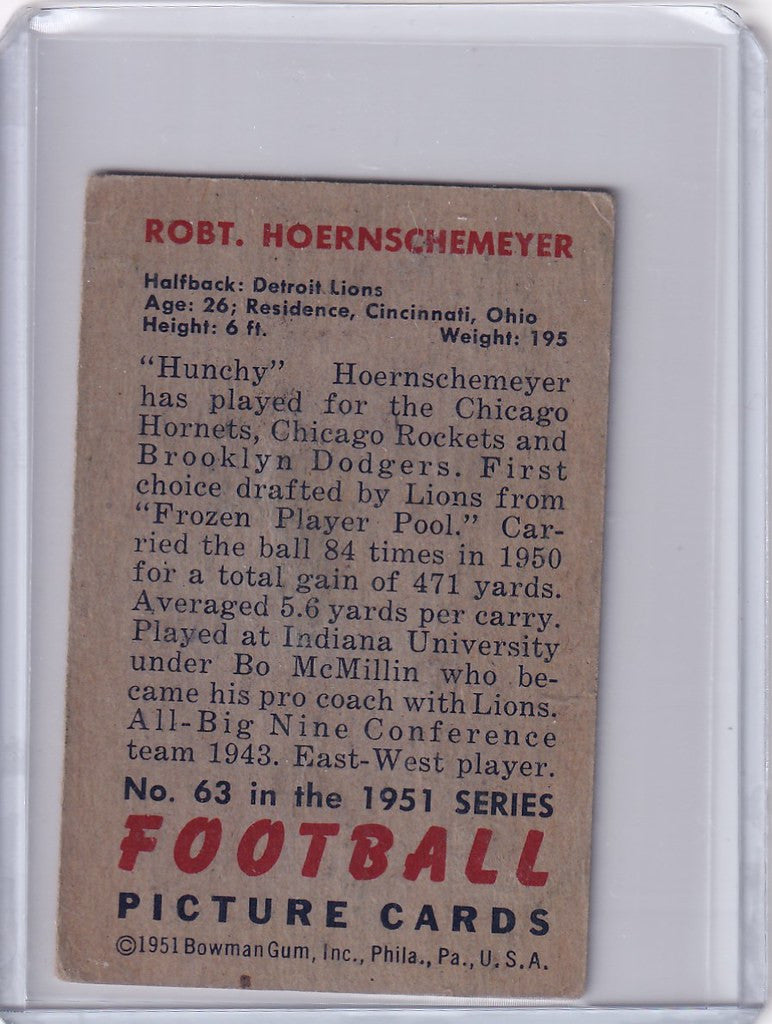 Vintage Bowman Football card of Bob Hoernschemeyer in protective holder for Detroit Lions