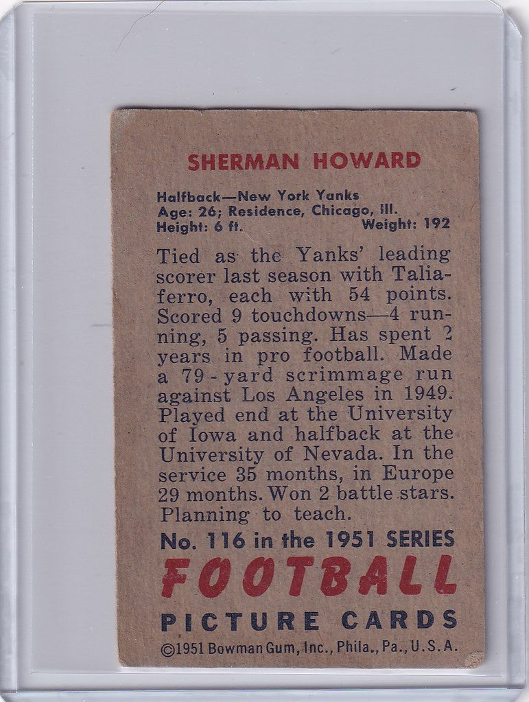 Vintage Bowman Football card of Sherman Howard from the New York Yanks