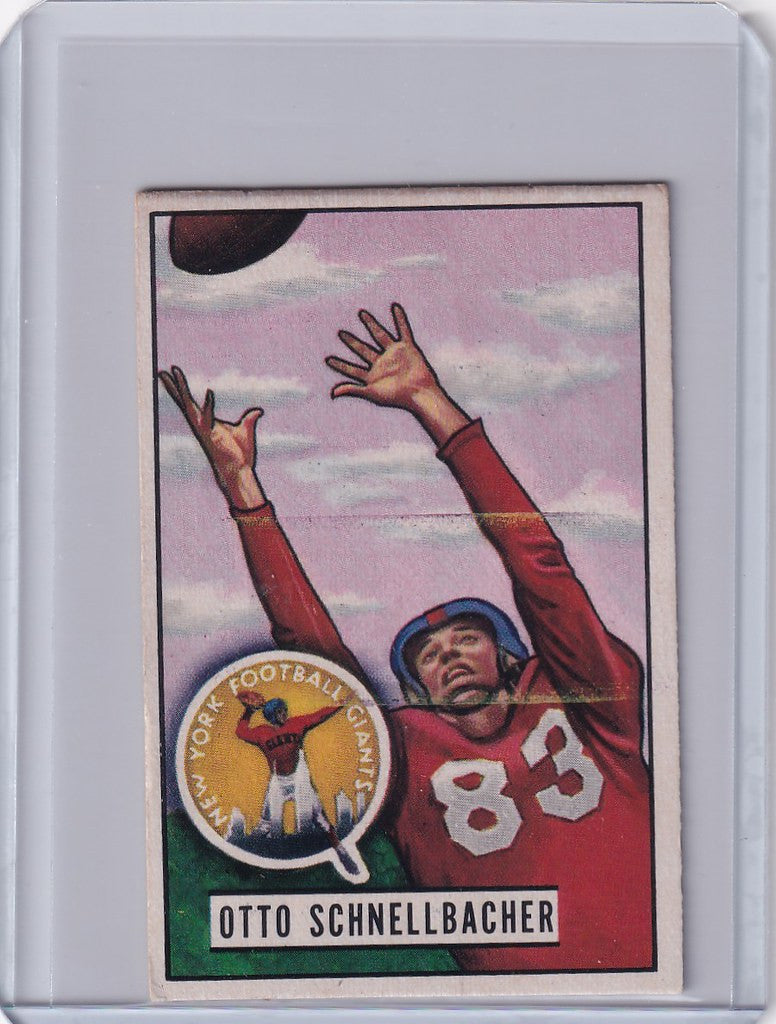 Vintage 1951 Bowman Football card of Otto Schnellbacher catching a ball for the York Giants