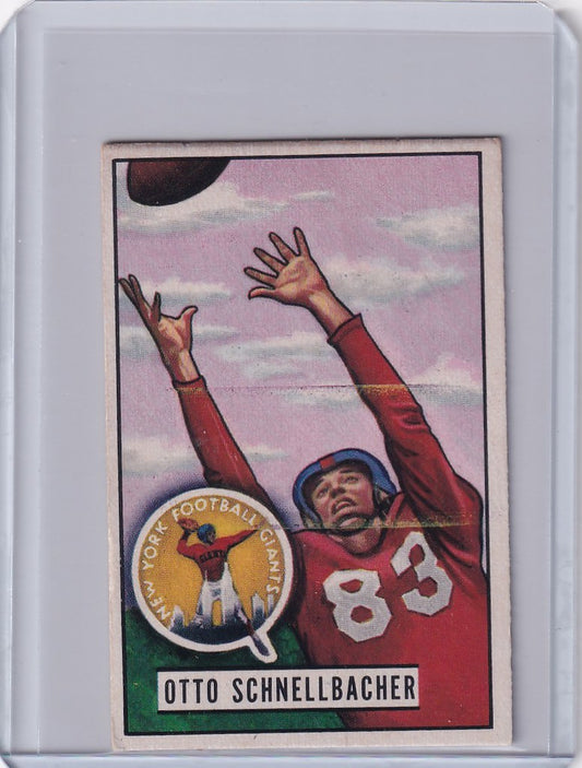 Vintage 1951 Bowman Football card of Otto Schnellbacher catching a ball for the York Giants